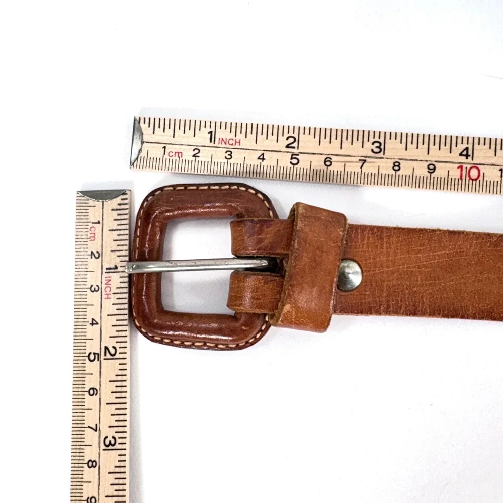 Antonio Barral Belt Brown Leather Painted Dots Square Buckle Vintage 90s Size 26